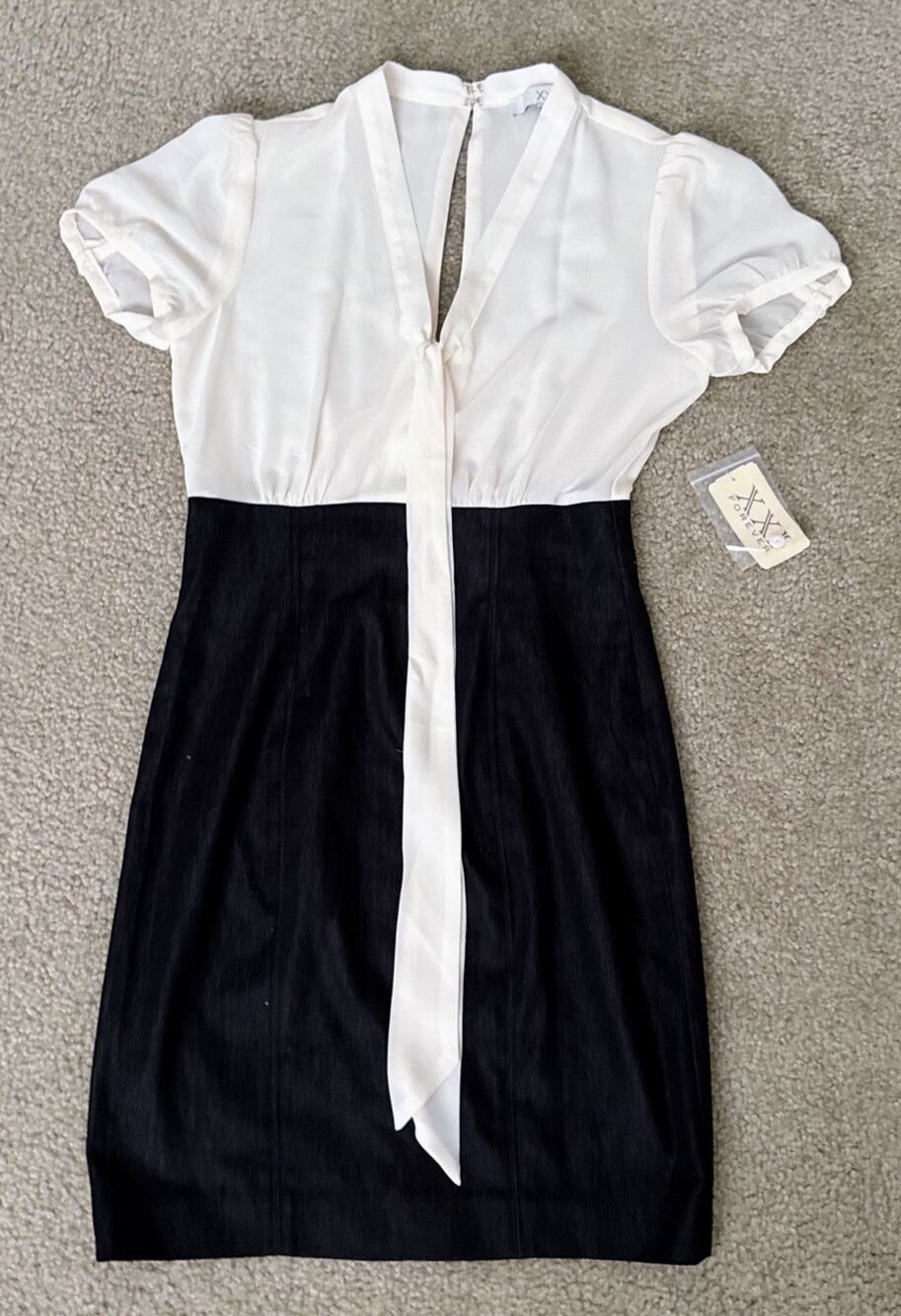 Forever 21 Womens Small Colorblock Dress Cream Black Puff Sleeve Keyhole Career
